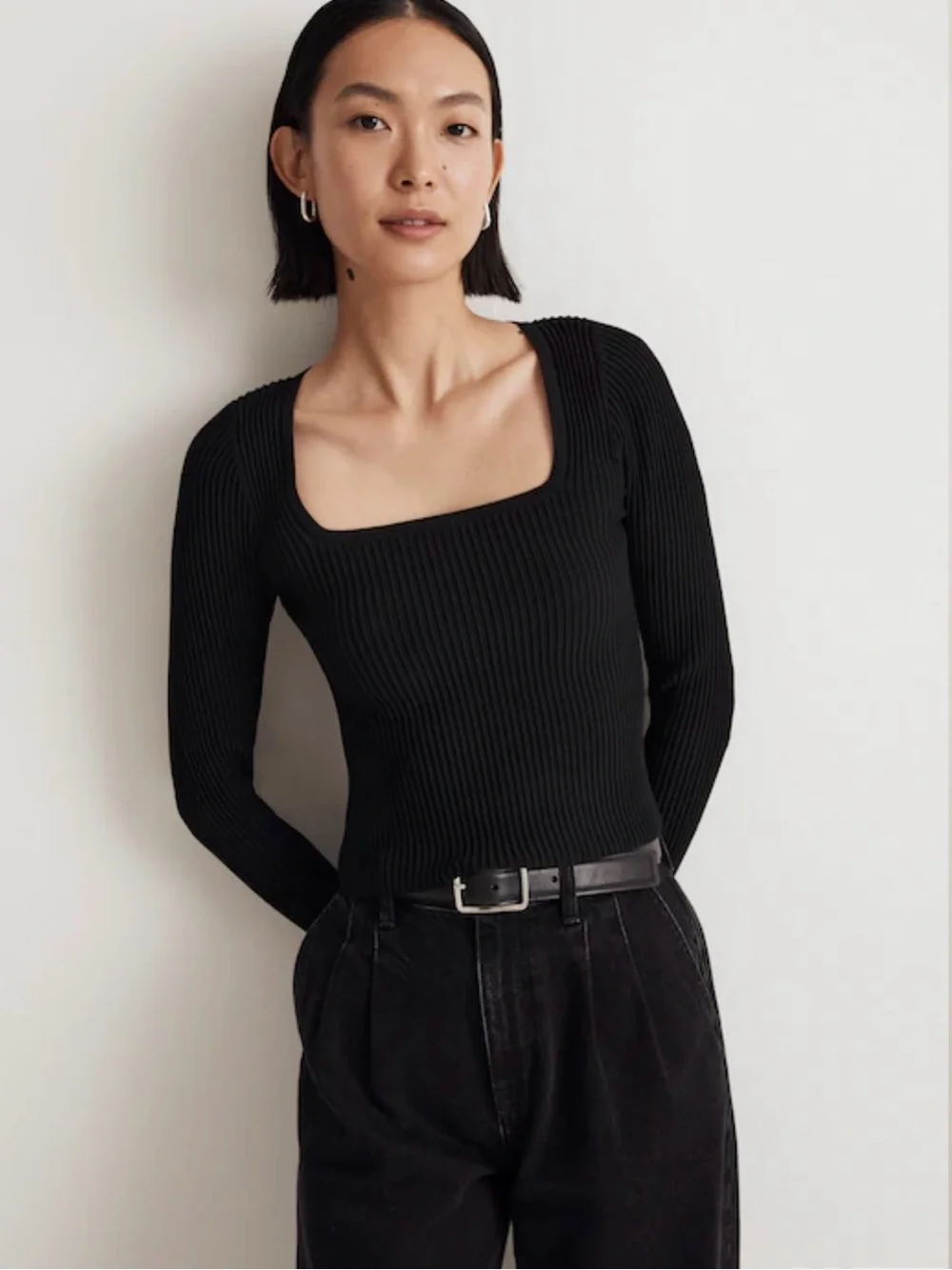 Madewell Ottoman Pullover Crop Black Ribbed Sweater Long Sleeve Medium - Picture 3 of 13
